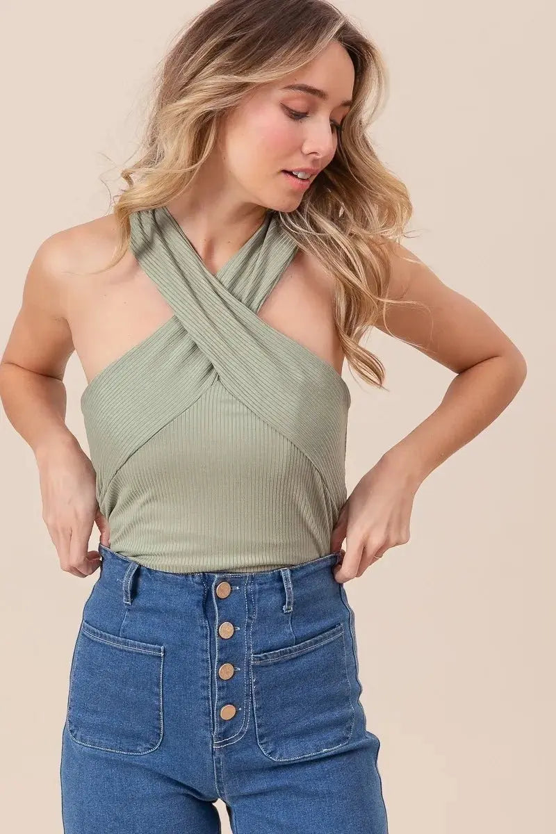 BiBi Rib Knit Cross Neck Banded Top for Trendy Looks - Love Salve
